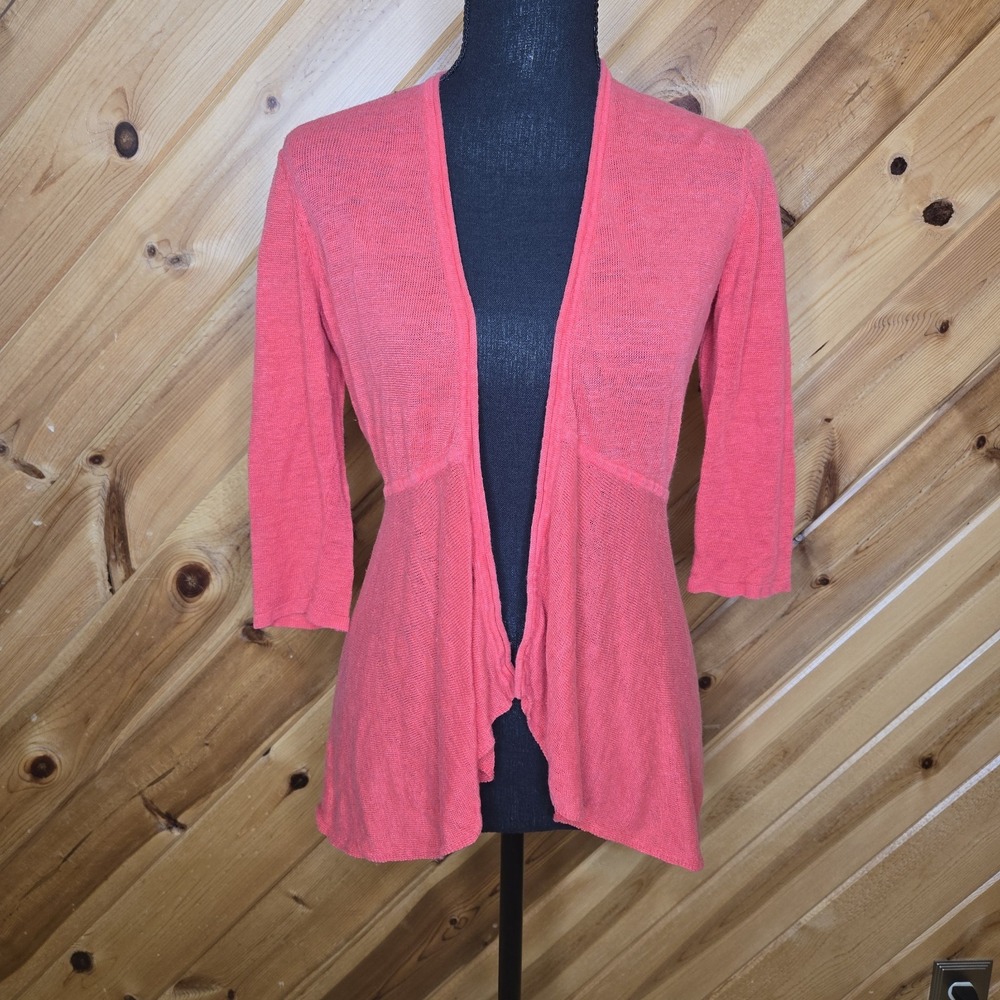 Eileen Fisher Women Open Face Cardigan 100% Linen Coral Red 3/4 Sleeve XS